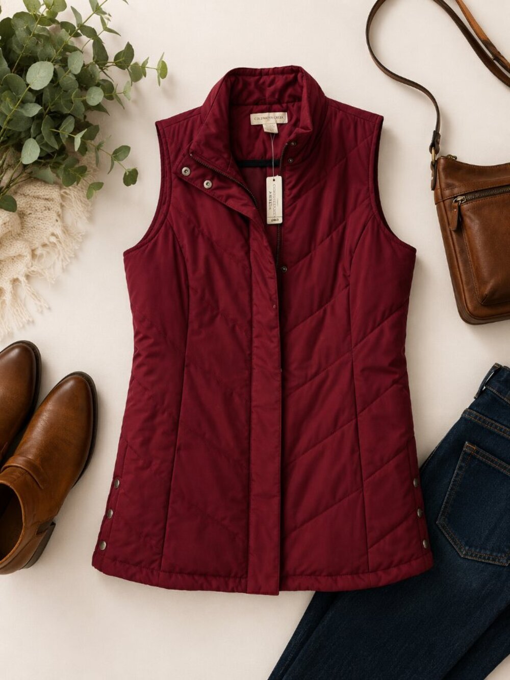 Christopher & Banks Burgundy Quilted Puffer Vest Women's Small Snap Zip Mock - Picture 1 of 5